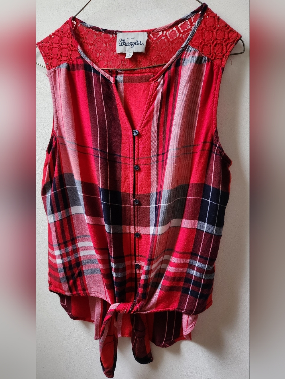 Wrangler Red Plaid Tie-Front Crochet Shoulder Tank